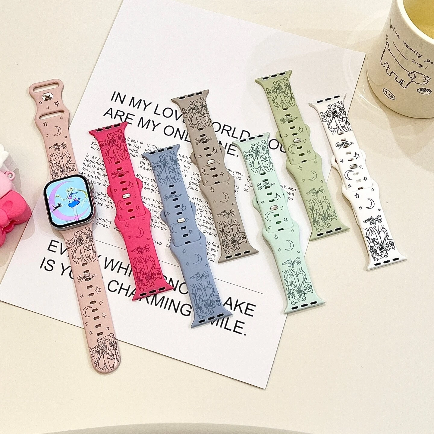 Sailor Moon Tsukino Usagi Pink Apple Watch Band Compatible with iWatch 38 40 41 42 44 45 46 49mm Silicone Strap Anime Fans Gifts