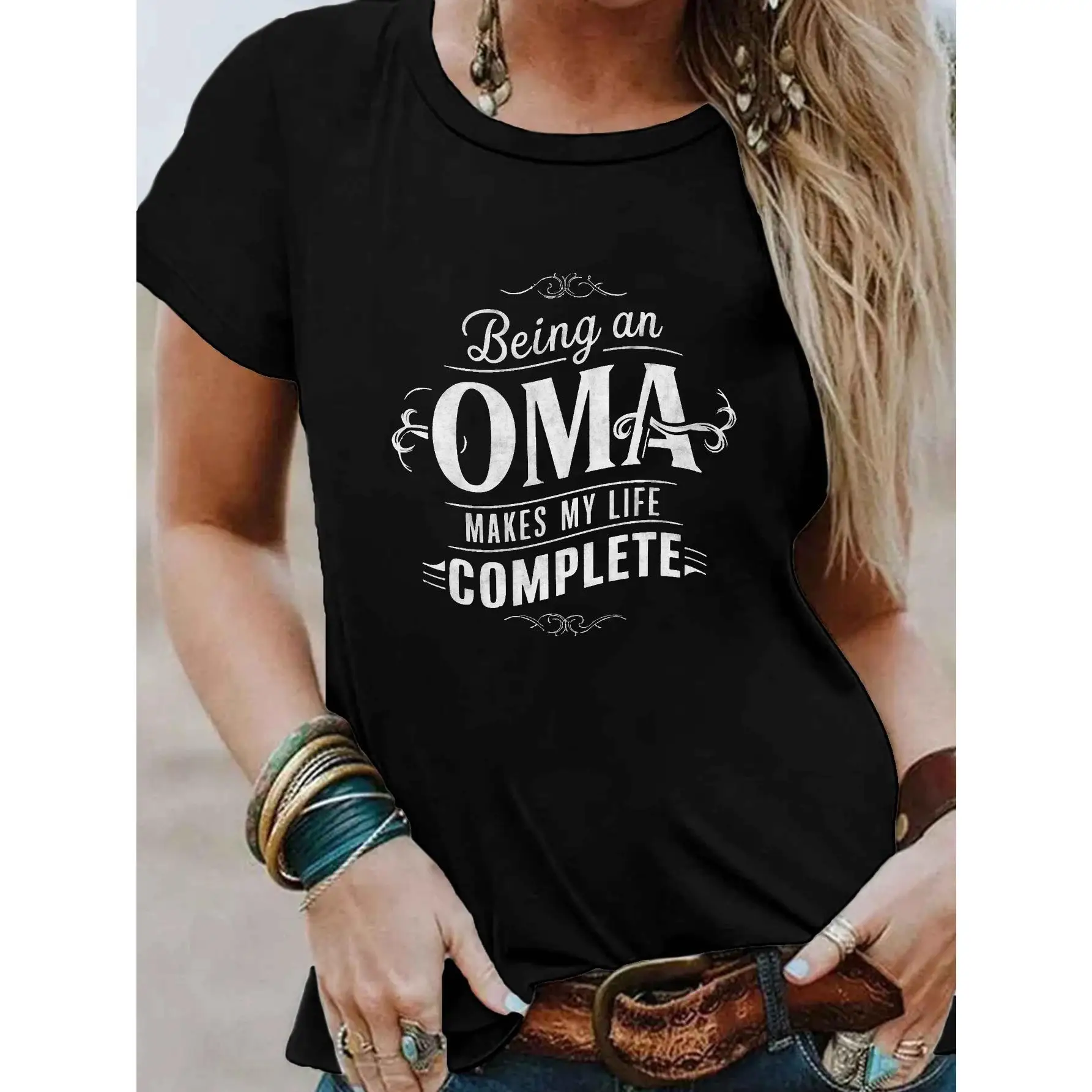 

Women's Short Sleeve Crew Neck Graphic T-Shirt - Vibrant Green Geometric Print With "Being An OMA Makes My Life Complete" Text,