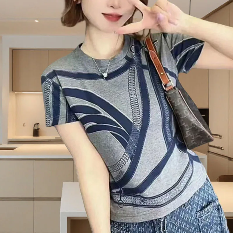Fashionable Line Printed High-quality Cotton Short-sleeved T-shirt for Women in Summer New Age-reducing Temperament Slimming Top
