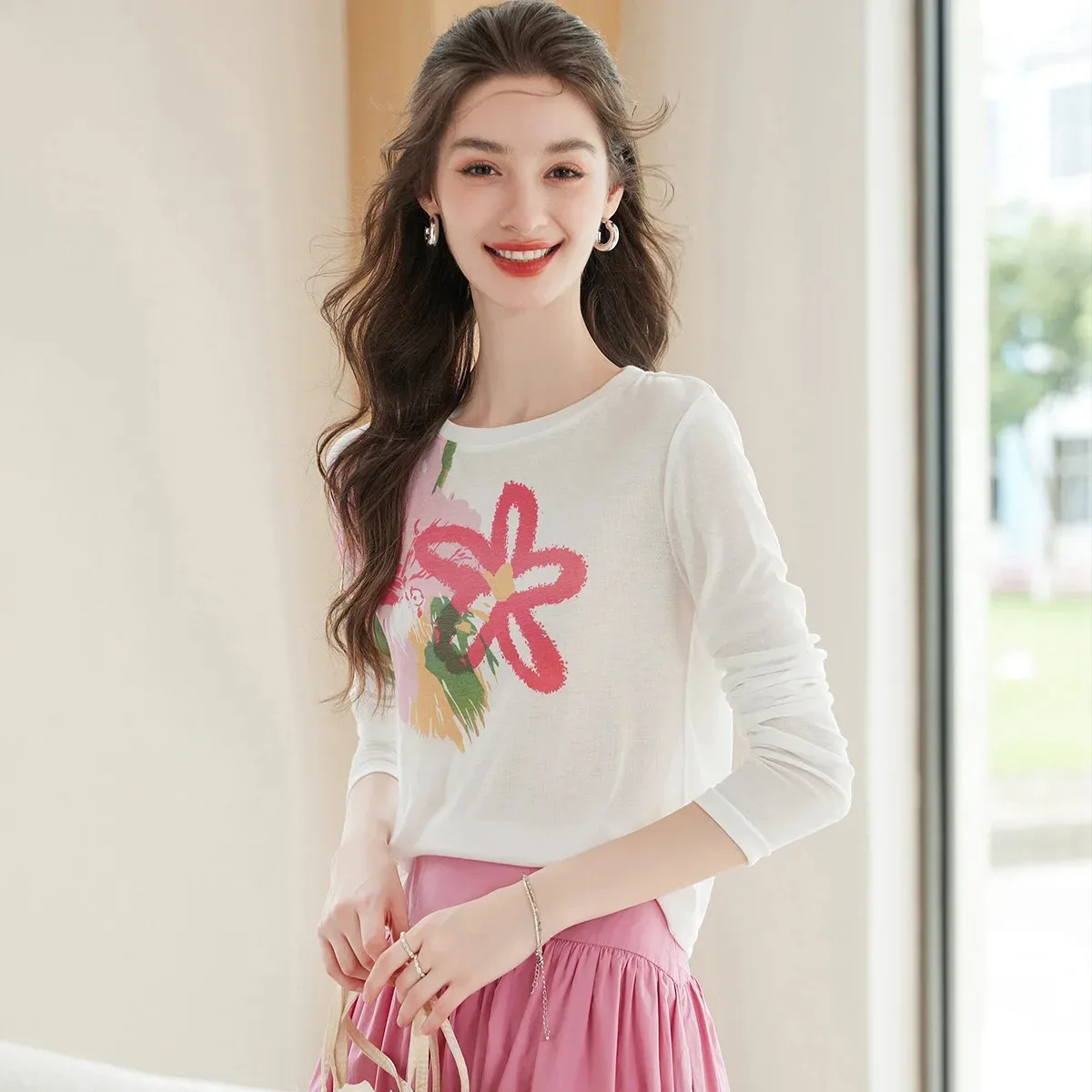 LOUISYAO Sweet Pattern Contrast Color Sweater Women 2025 Autumn Round Neck Long Sleeve Knitted Pullover Casual Streetwear Tops 