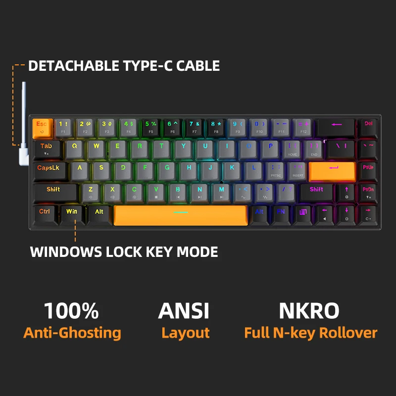 MACHENIKE K500-B68 Mechanical Keyboard Wired 65% Layout RGB ANSI NKRO Hot-swappable Support Gaming Keyboard For Laptop PC Gamer