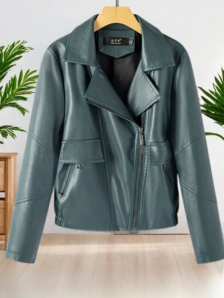 

Slimming ort Leather Jaet Women's Loose Fit eepskin Coat Korean Sle Commute Wind Zipper ket Design Regular Sve