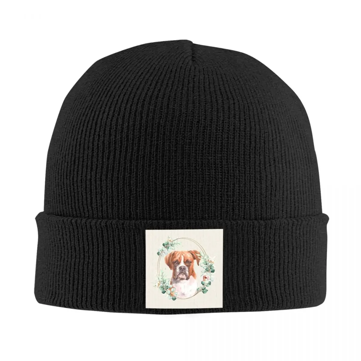 Custom Boxer Dog In Floral Gold Wreath Beanie Cap Unisex Winter Warm Bonnet Homme Knit Hat Outdoor Ski Skullies Beanies Caps