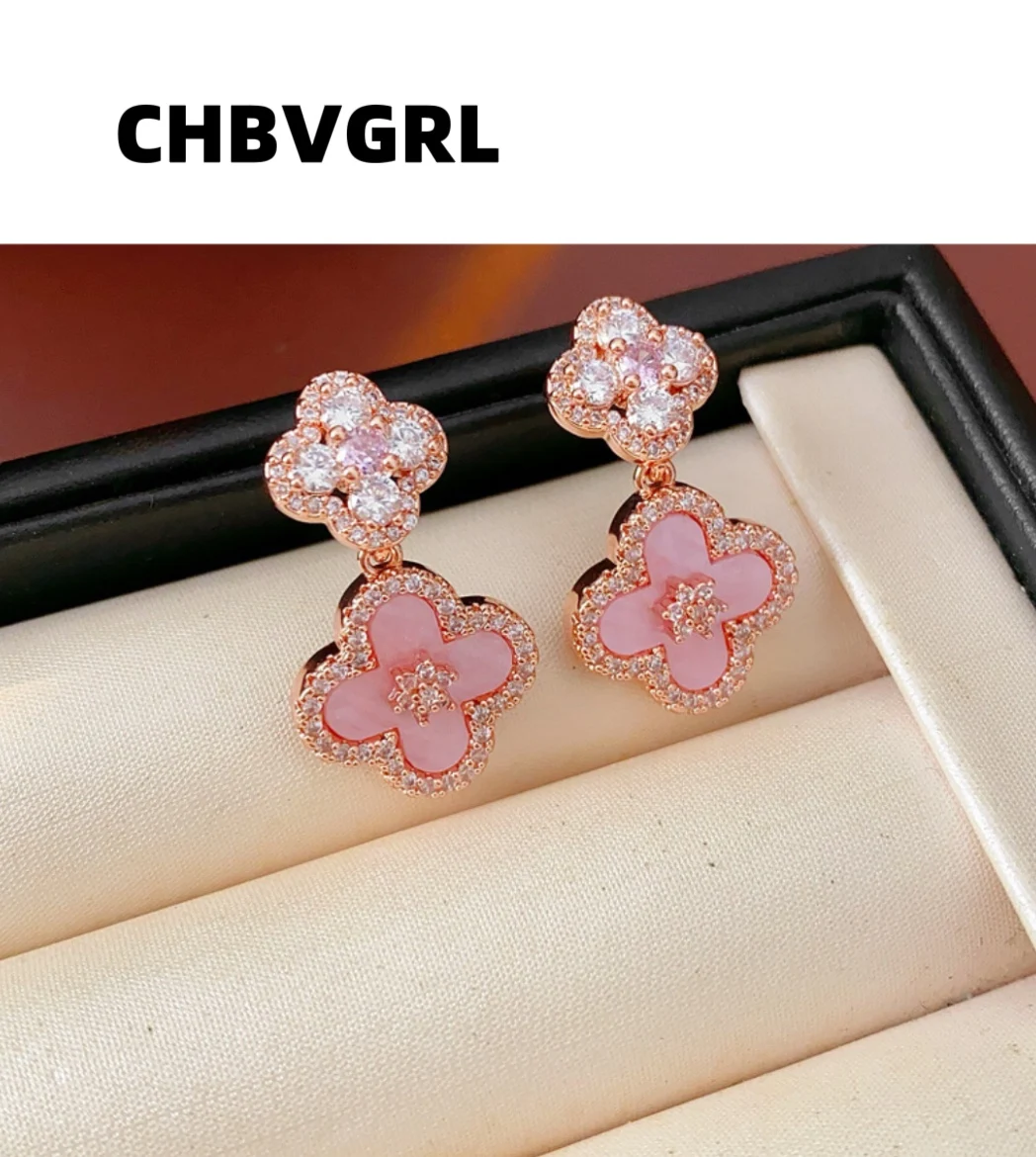 

Luxurious zircon flower mother-of-pearl pendant earrings, Korean style sweet and fresh earrings, elegant and high-end ear