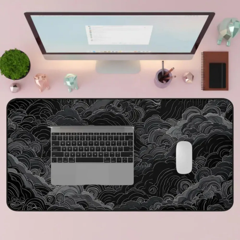 Dark Swirling Clouds Desktop Mat Black Aesthetic Gaming Mouse Pad | Black Japanese Cloud Desktop Mat | Large Modern Office Decor