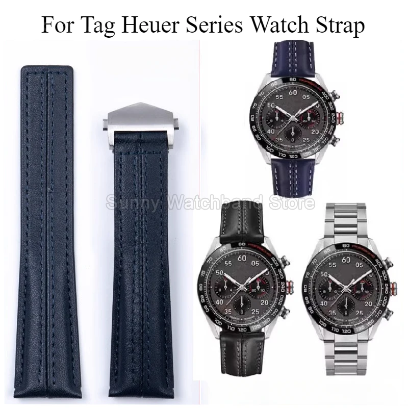 Carefully Crafted Sewing Thread Workmanship Watch Strap for Tag Heuer Series Genuine Cow Leather Watchbands 22mm Black Blue