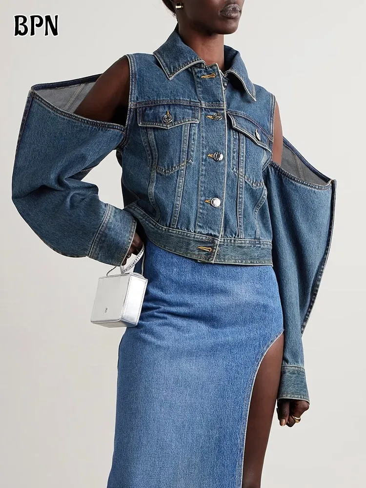 BPN Fashion Off Shoulder Jackets For Women Lapel Long Sleeve Hollow Out Spliced Single Breasted Chic Denim Coats Female Clothing