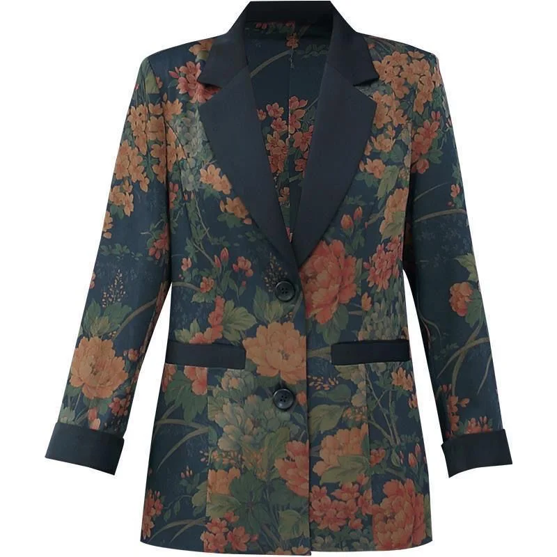 Vintage Printed Spliced Pockets All-match Blazer Women Clothing 2023 Autumn New Oversized Casual Tops Loose Office Lady Blazers