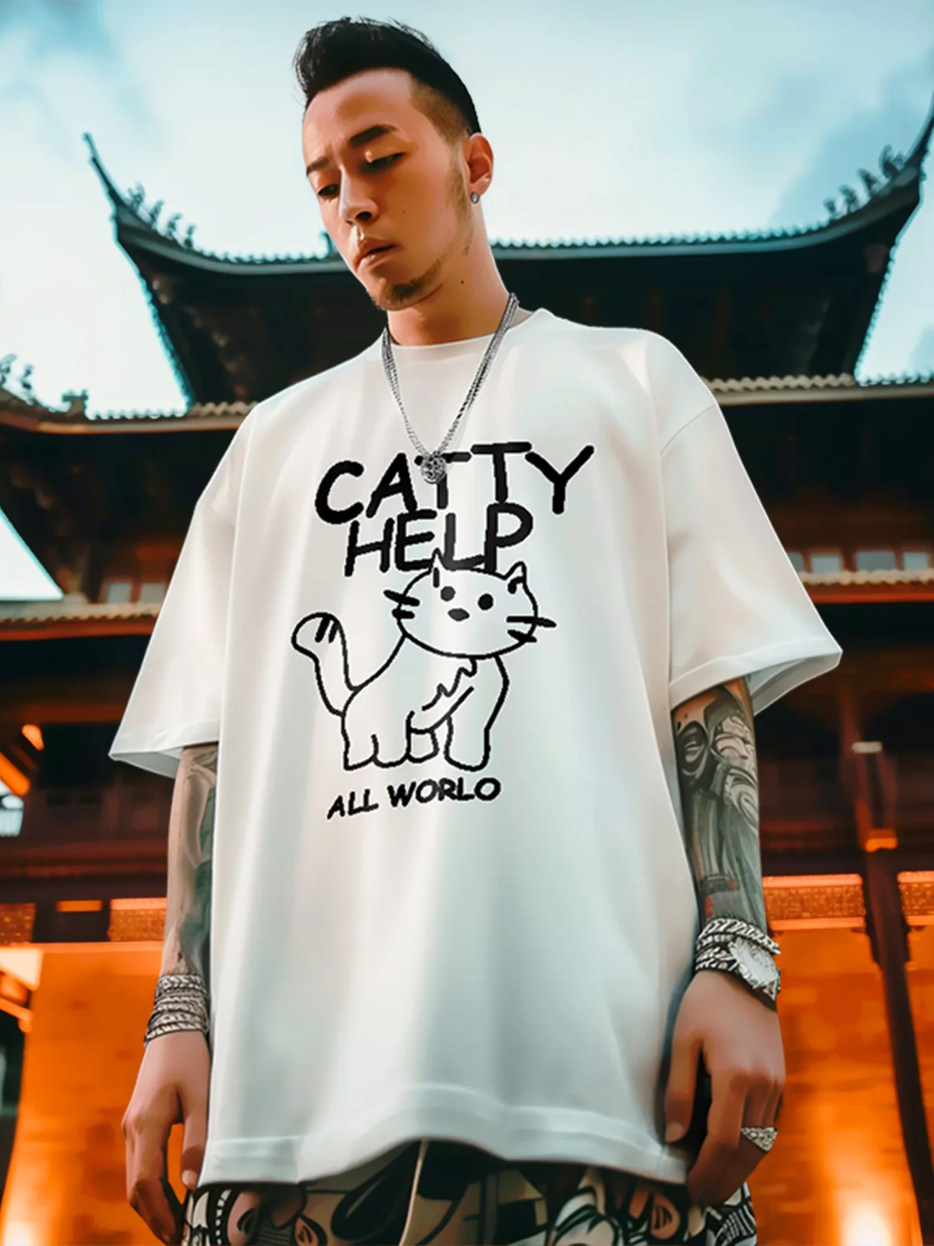 White ink direct spray strange cat print cotton short sleeve T-shirt men's summer design feel loose casual T-shirt top