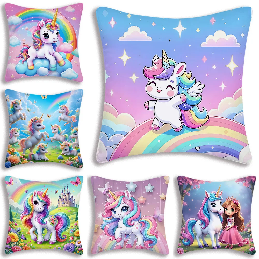 Cartoon Rainbow Unicornss Pillow Covers Cartoon Sofa Decorative Home Double-sided Printing Short Plush Cute Cushion Cover