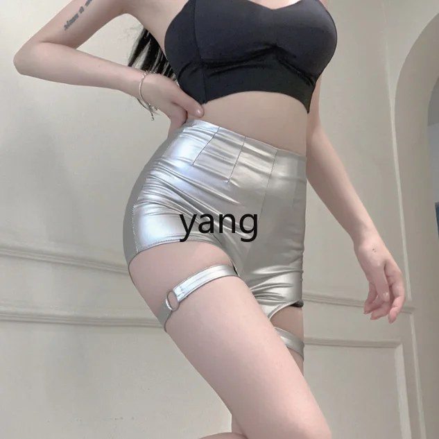 LMM iron ring hip-wrapped hot pants new hollow elastic leather pants shorts women