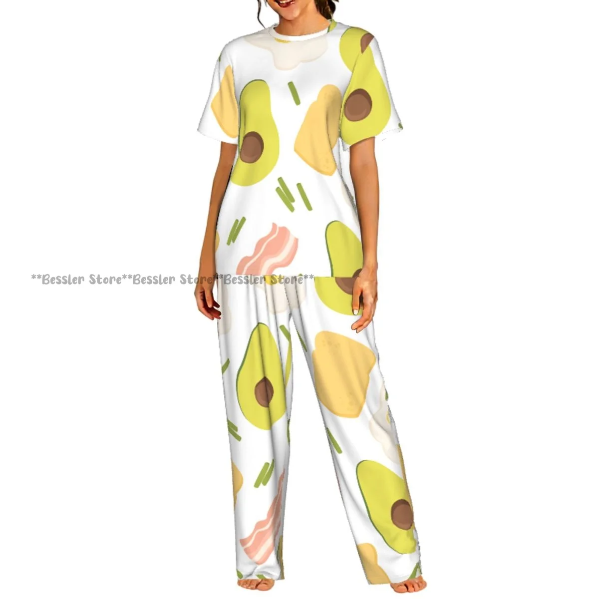 

Женский комфортный комплект пижамы с коротким рукавом и принтом «Авокадо и яйца»