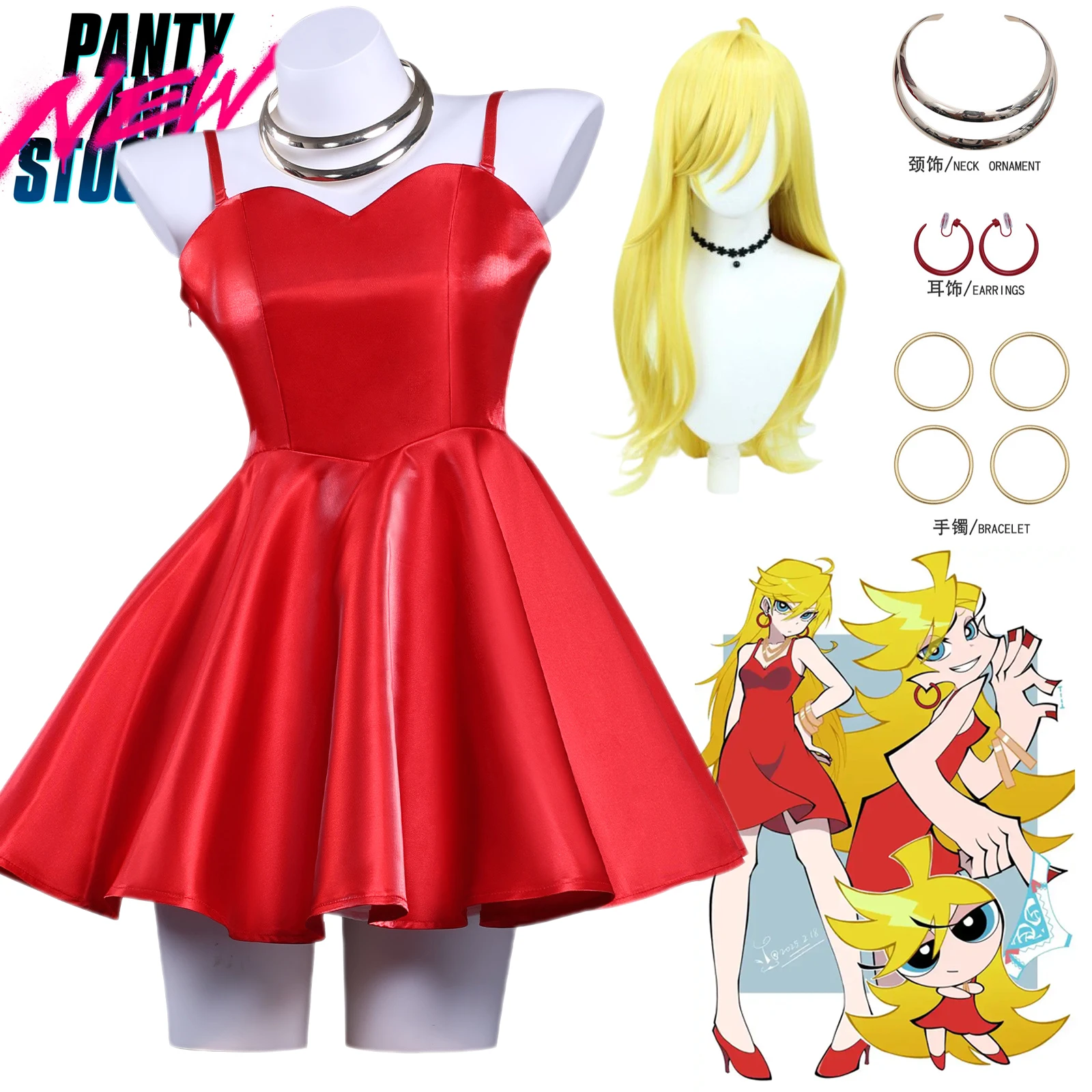 

Anime Panty & Stocking with Garterbelt Panty·Anarchy Cosplay Costume Wig Red Strap Dress Woman Girl Sexy Carnival Party Cos Suit