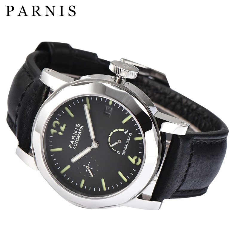 New Parnis 43MM Silver Case Mechanical Automatic Watches Men Leather Strap Power Reserve Calendar Waterproof Watch orologio uomo