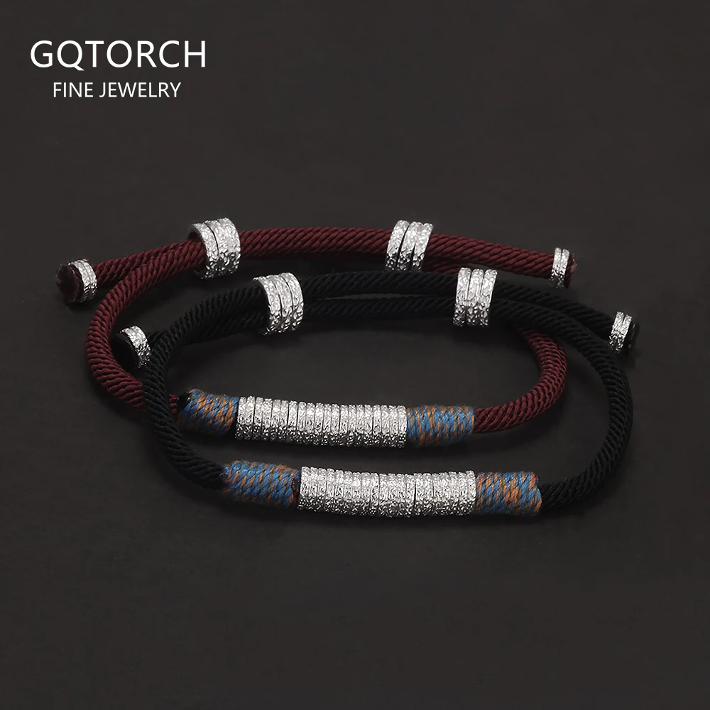 

999 Pure Silver Beaded Charms Tibetan Braided Rope Bracelet for Men Women Black Red Color Lucky Rope Wristband Vintage Jewelry