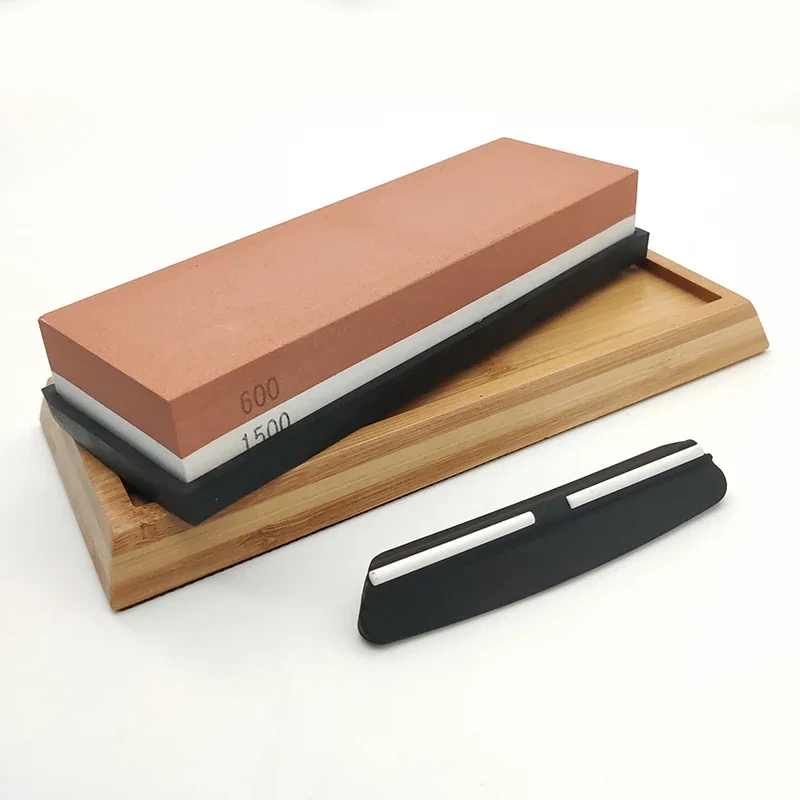 

Double-sided whetstone 600/1500 grit With bamboo base and angle guide set knife sharpener sharpening stone blade sharpener