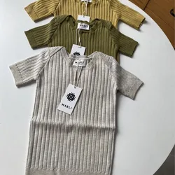 Baby Girl Boy Short Sleeve Knitted Sweater Cotton Infant Toddler Child Ribbed Tshirt Knitwear Summer Solid Baby Clothes 1-3Y