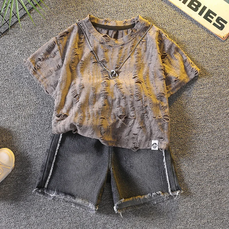 Boys Summer Suits Children Sportswear Outfit Fashion Kids Special Process T-shirt And Denim Shorts 2 Piece Sets 2-11 Years