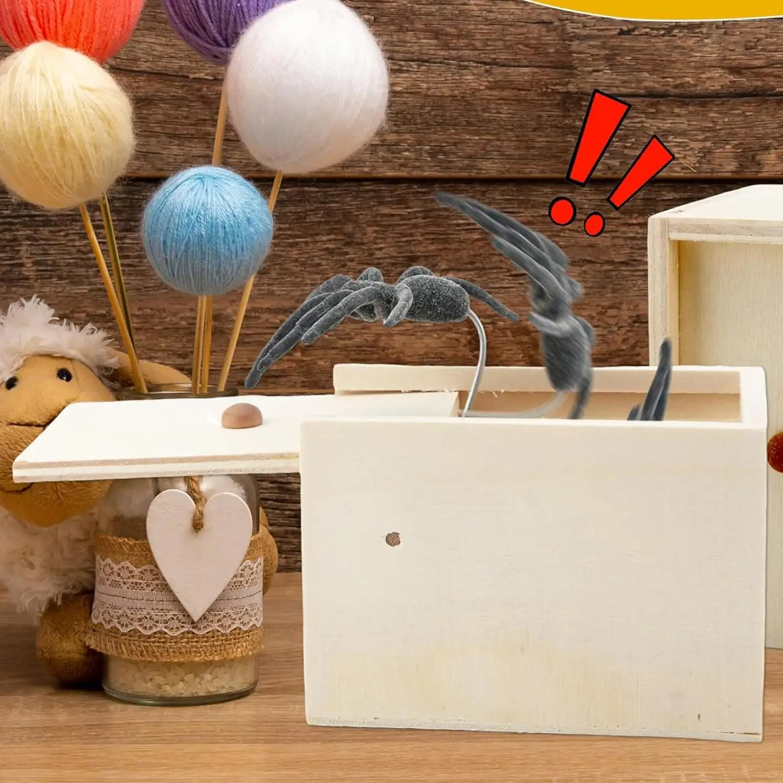 Caja de broma aterradora de araña de madera, juguetes de broma de animales de goma para saltar de araña falsa de Halloween, caja de miedo de madera hecha a mano para compañeros de trabajo