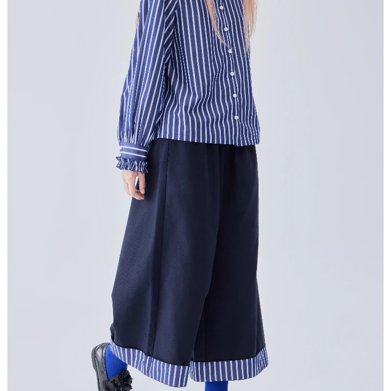 Autumn Winter New Navy Blue Versatile Color-Block Pleated Women's Wide-Leg Pants Retro Design Loose Slimming Trousers Ladies