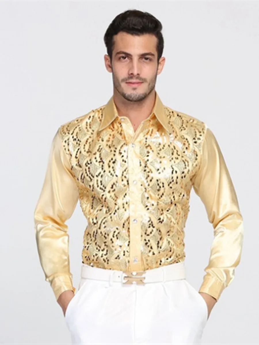 Customized High Quality Colorful Sequins Cotton Groom Shirts Men Long Short Sleeve  03