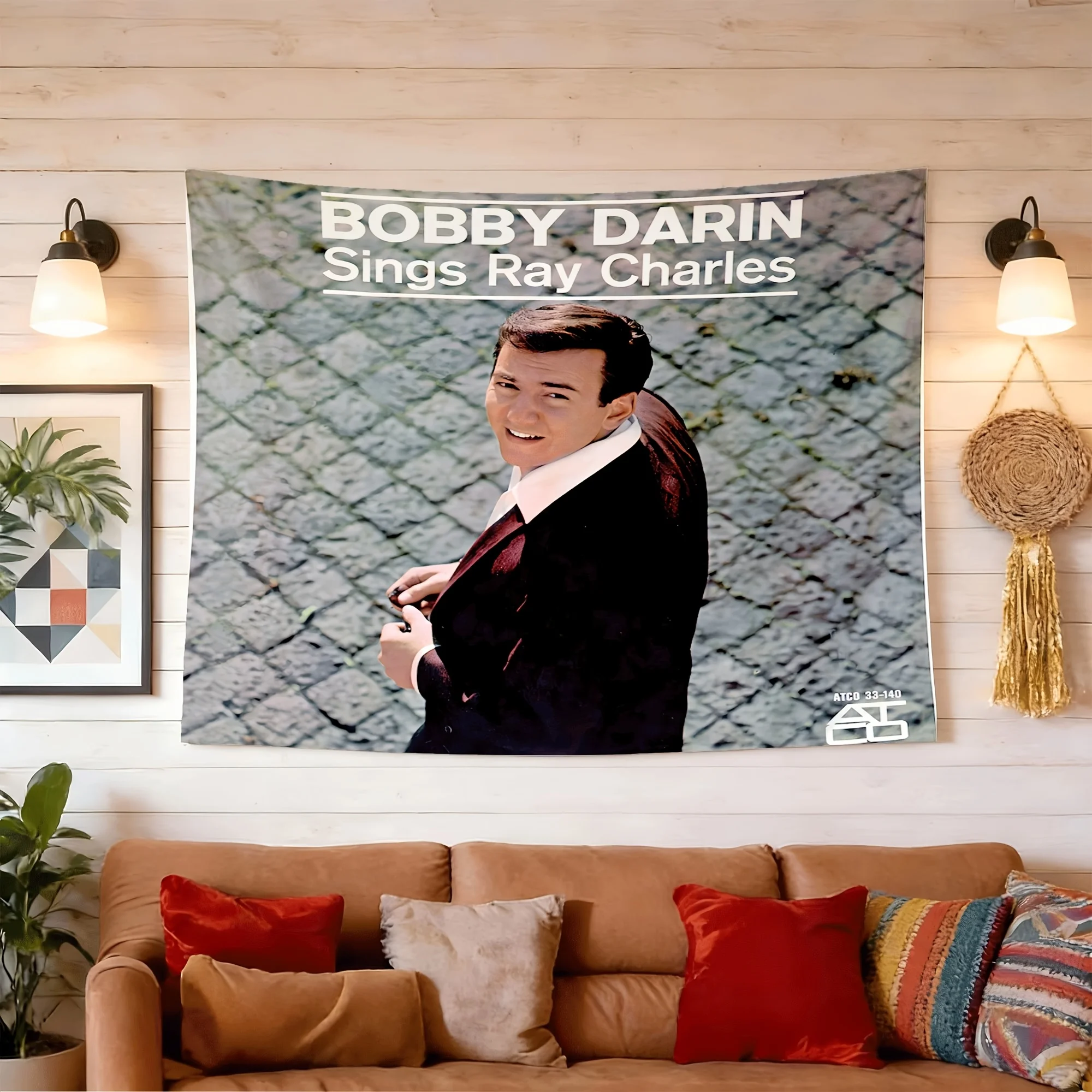 A Bobby Darin-style Peach Skin Wall Tapestry for Men's Bedrooms, Dorms, or Gaming Room Decoration, Designed for Horizontal Interior Wall Hanging