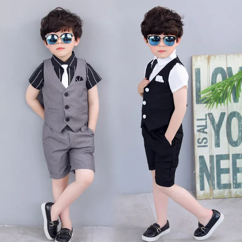 Summer Boys Wedding Suits Vest Shorts Dress Children School Sets Formal Party Kids Costumes Baby Boy Gentleman Holiday Clothes