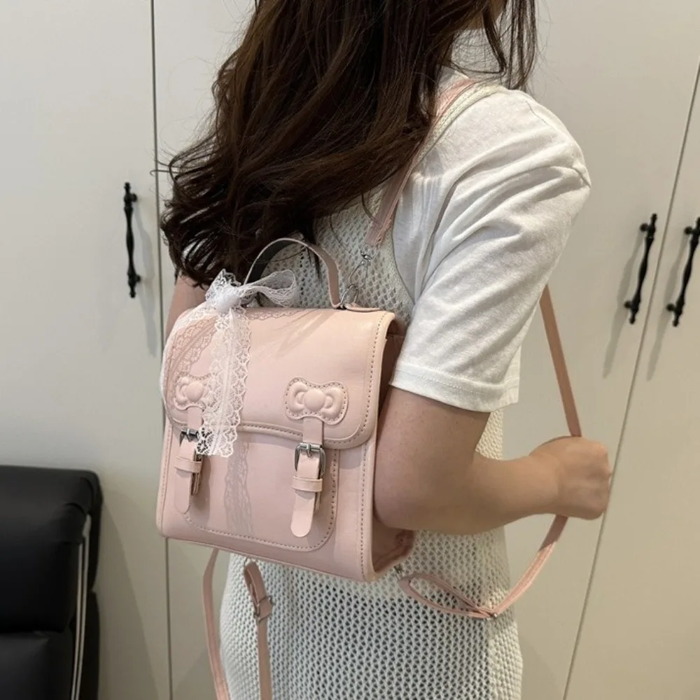 حقيبة ظهر لطيفة على شكل فيونكة مربعة، حقيبة صغيرة بلون سادة من البولي يوريثان، حقيبة يد على الطراز الكوري، حقيبة مدرسية للطلاب، للفتيات