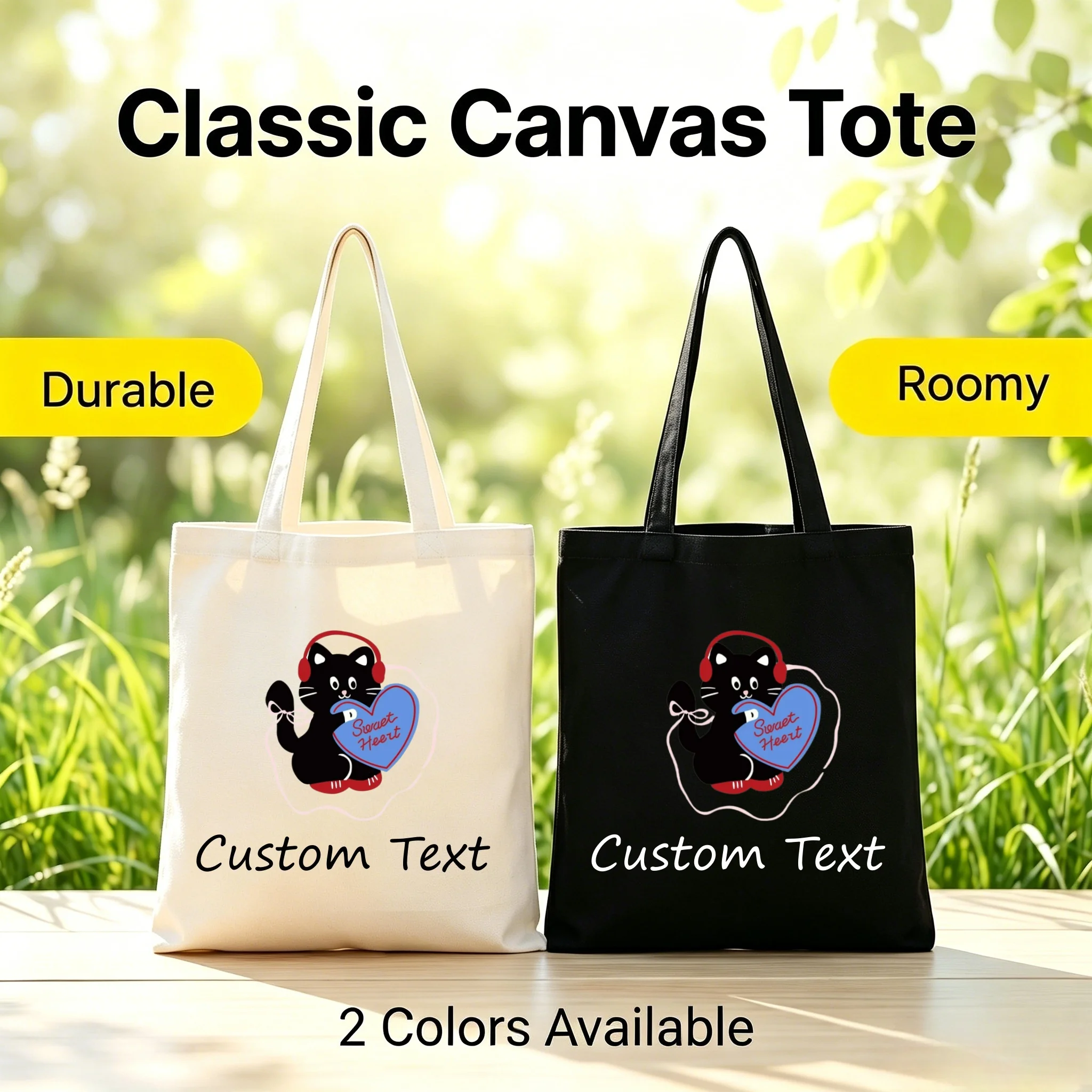 1PC Canvas Tote Bag Cute Cat Headphone Heart Print Custom Text Roomy Durable 2 Colors Casual Shoulder Bag