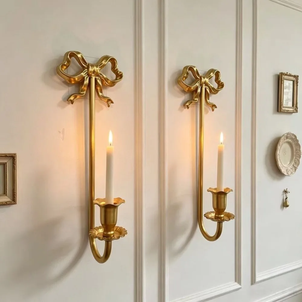 Vintage Bow Design Wall Mounted Candle Holder Metal Taper Candlestick for Wall Decor Wedding Party Housewarming Ornament