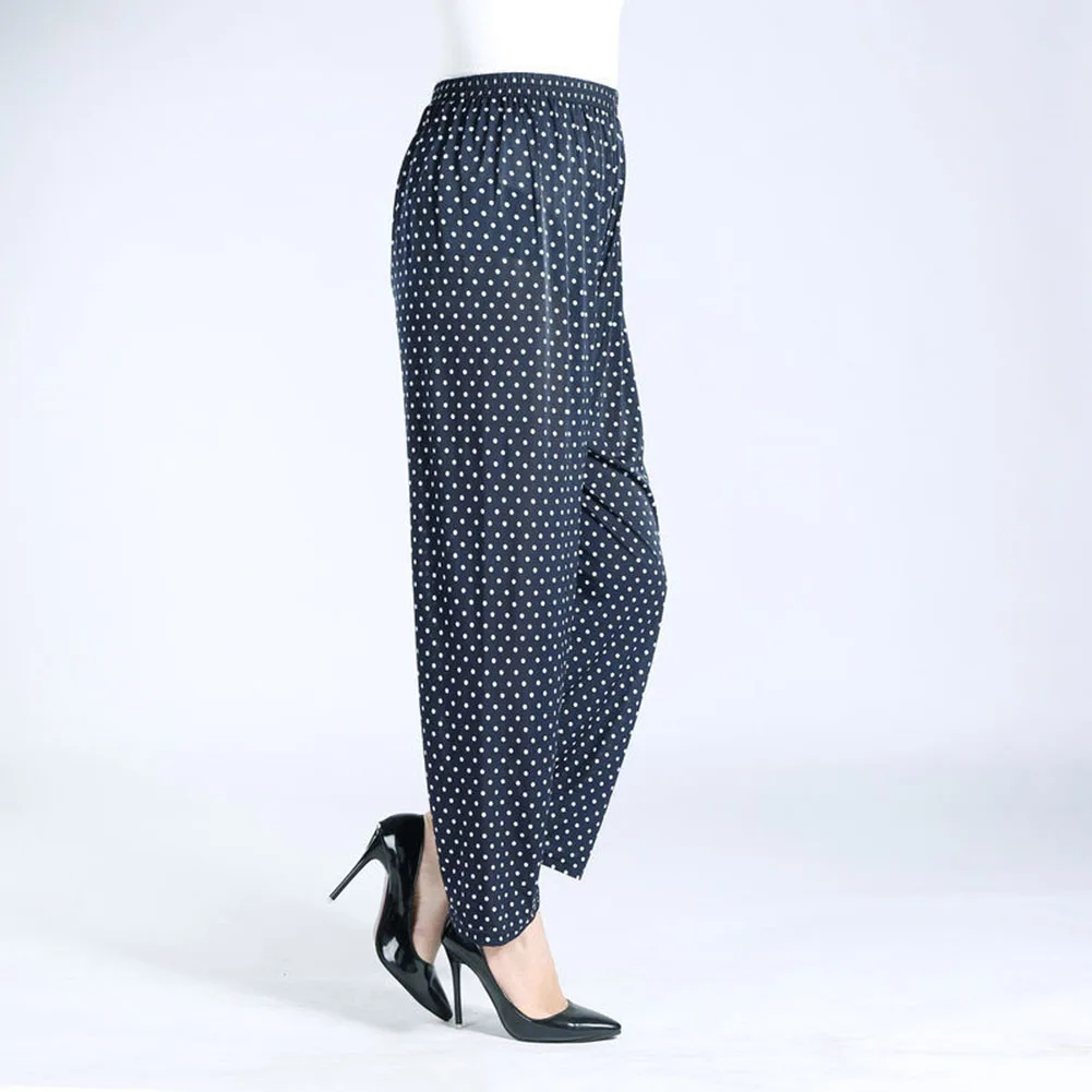 Women's Elastic Waist Printed Harem Pants Ice Silk Fabric Loose Cropped Straight Trousers 95% Polyester 5% Spandex Blend