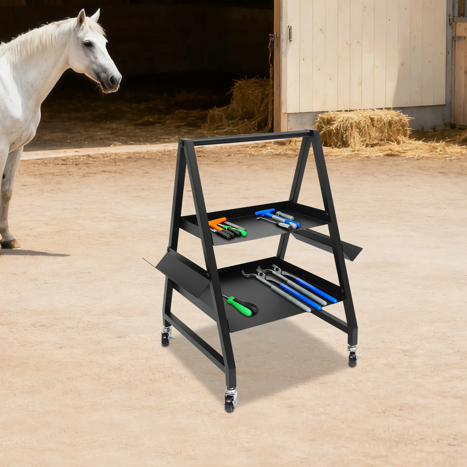 صندوق أدوات لعربة حديد الخيل بطبقتين مع عجلات، عربة أدوات Farrier شديدة التحمل، عربة أدوات مفيدة #3