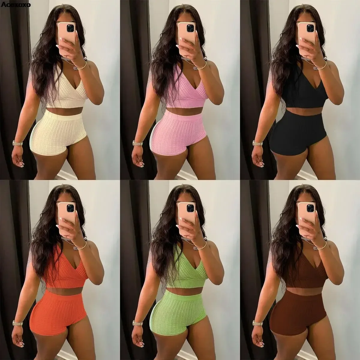 

Summer new women fashion casual solid color V-neck vest waist shorts sports two-piece set