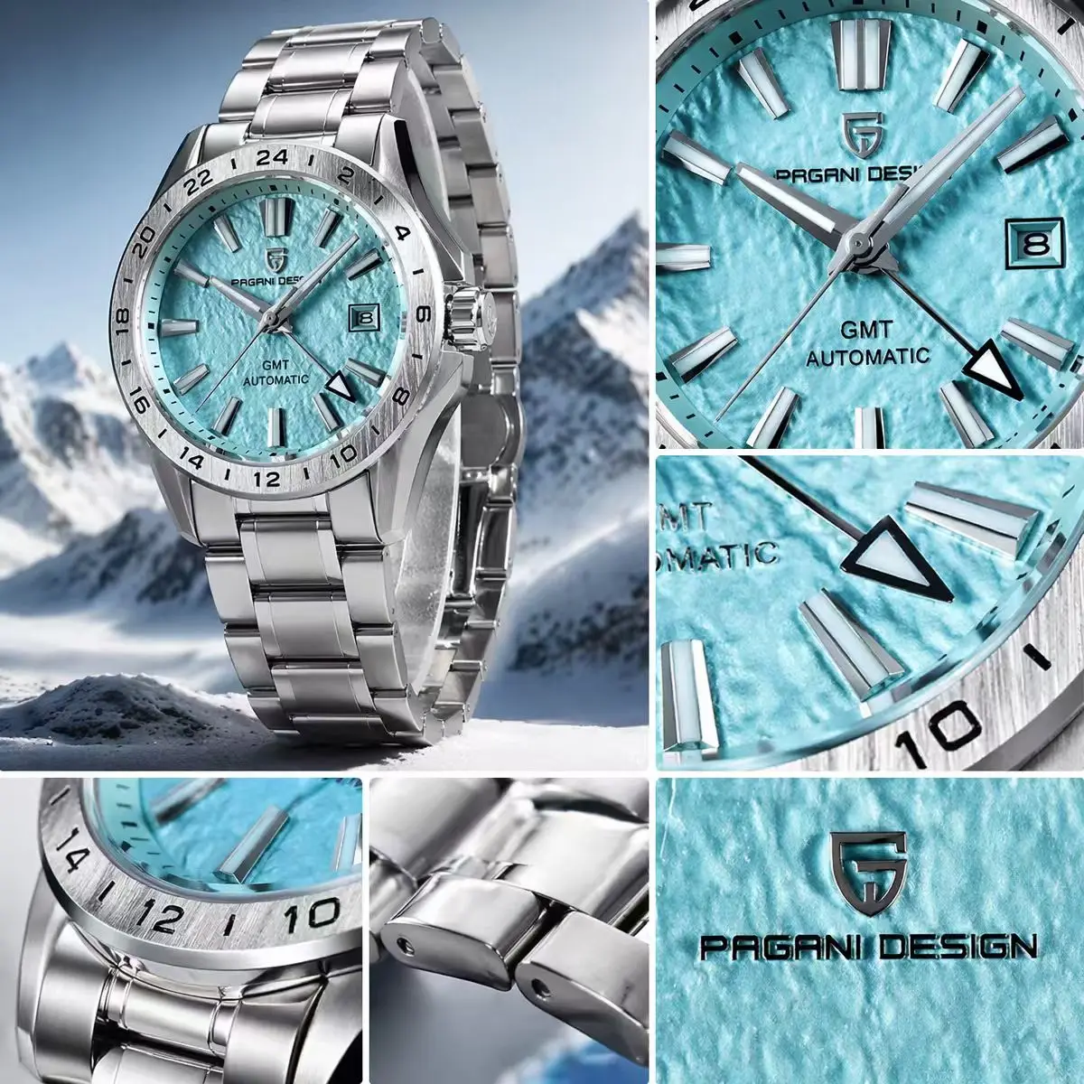 Pagani Design Men's Luxury GMT Automatic Watch Stainless Steel Case Sapphire Glass 100m Waterproof Mechanical Business Watch