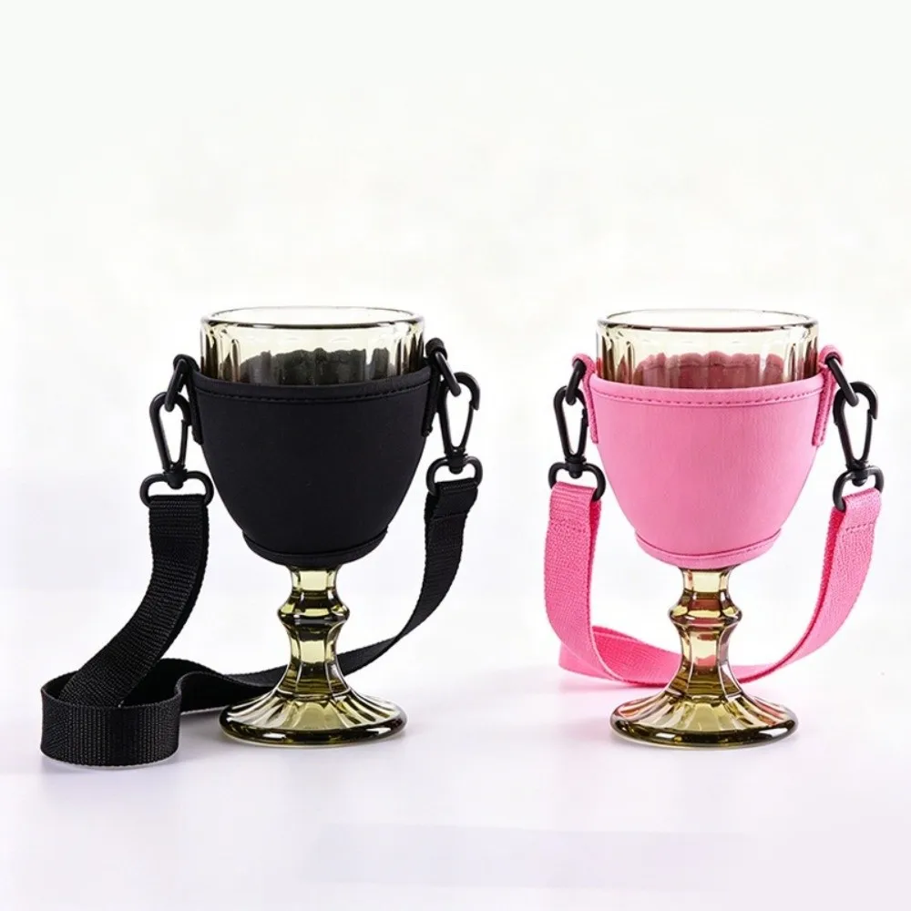 Adjustable Strap Glass Sleeve Holder Portable Hands-Free Carrying Glass Holder Lanyard Nylon Webbing Stemmed Glass Holder