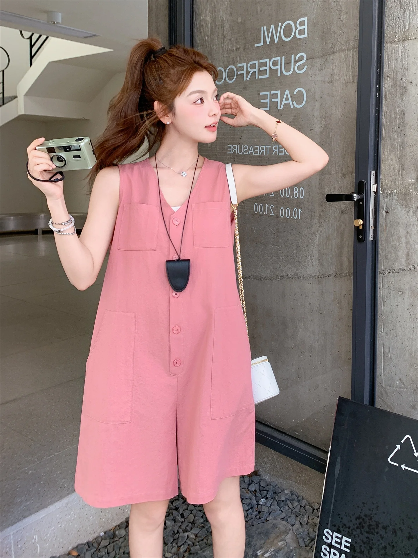 

Summer Pure Color Simple Svel Button V-ne Anti-aging Overalls plus Size Women Casual Pants Slimming Long Dr