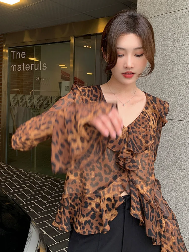 Leopard Blouses Women Ruffles Vintage Flare Sleeve Summer Sun-proof Ladies Temperament Slim Fashion Ulzzang Korean Style Chic