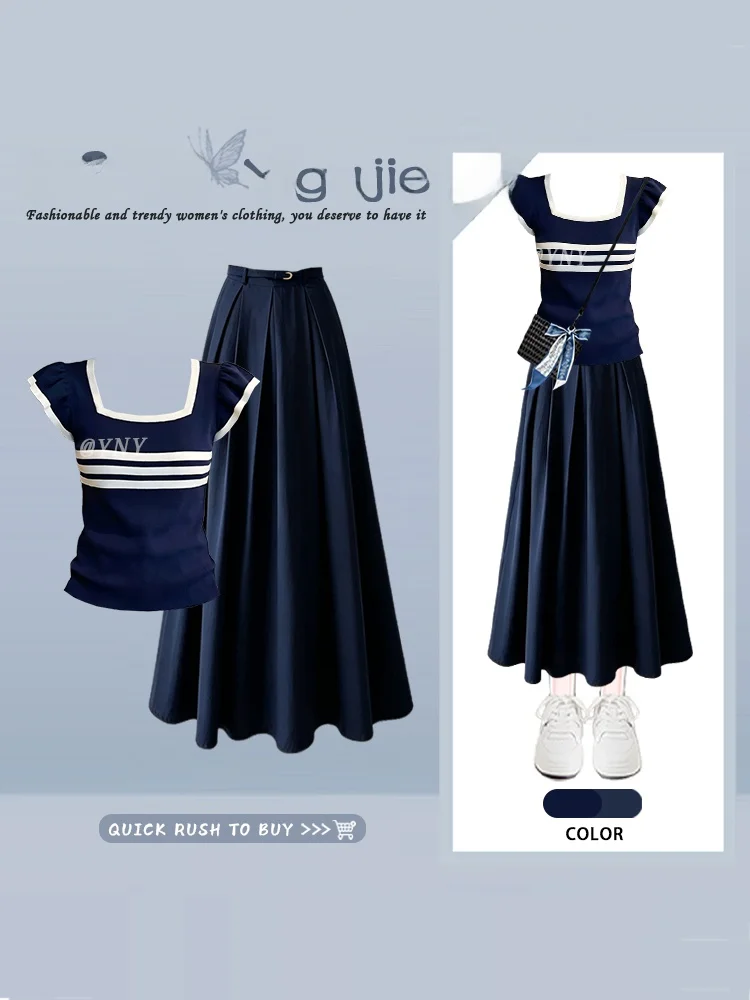 

Summer Youthful Blue Half-Skirt Set Women's Short-Sleeve T-Shirt with Ruffle Stripe Design Fashionable College Style Two-Piec...