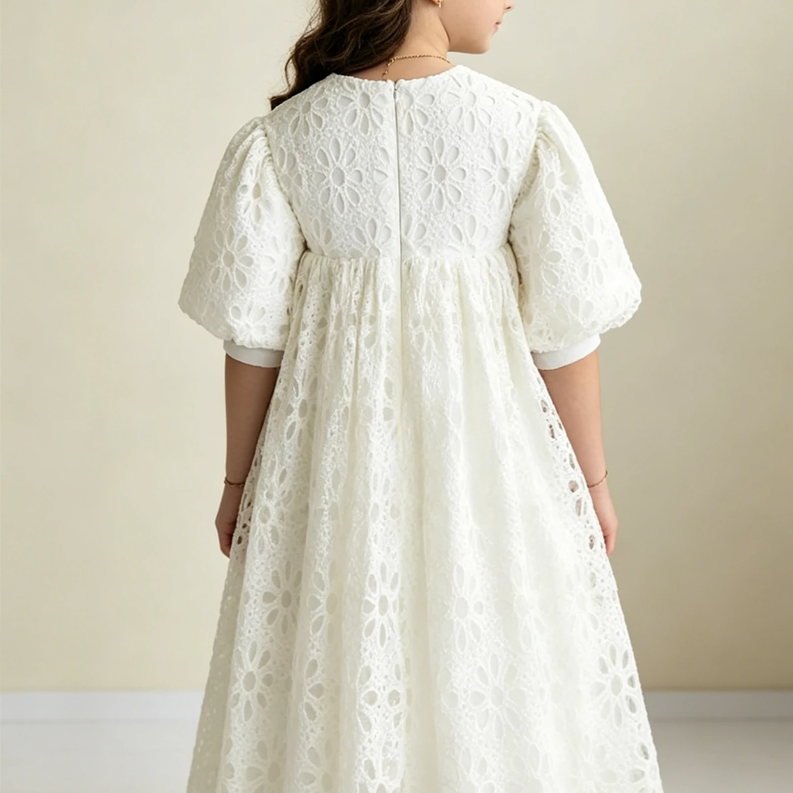 

Customized Flower Girl Dress For Wedding Lace Half Sleeve Floor Length Elegant Simple Kids Birthday First Communion Gown