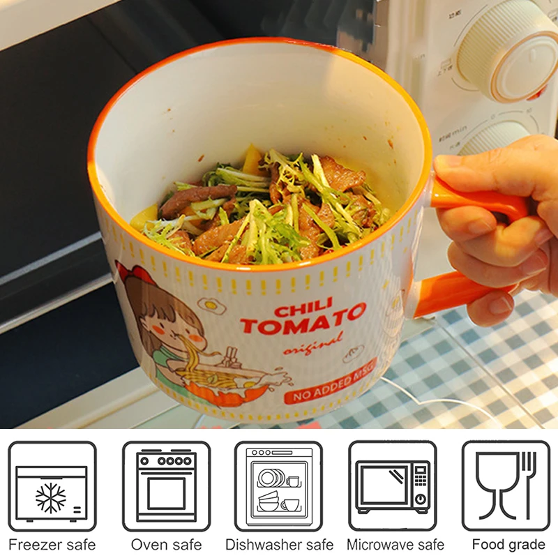 950ml Cartoon Instant Noodle Bowl With Cover Salad Bowl Ceramic Soup Handle Cup Student Office Lunch Box Boy Girl