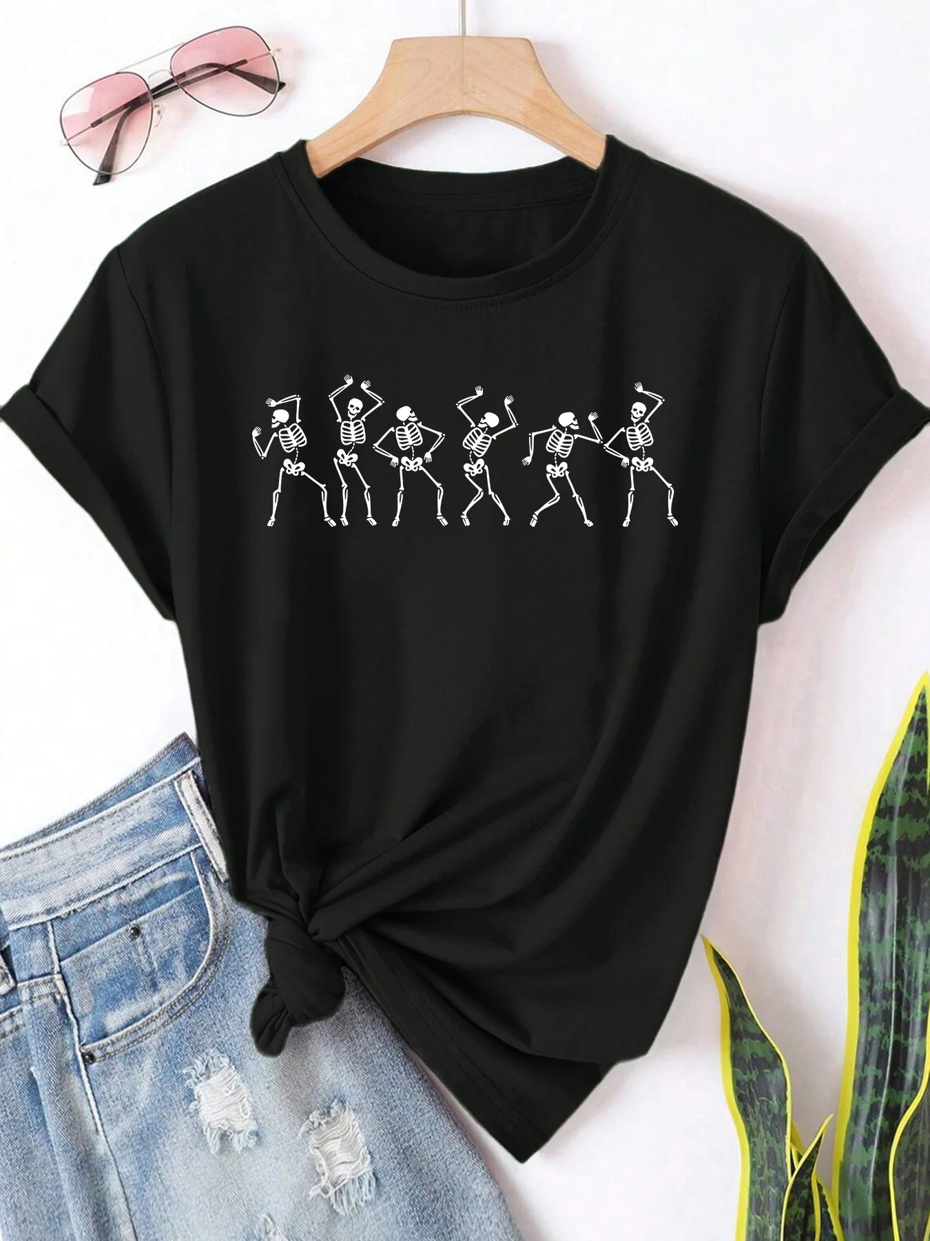 Women'S Casual Crew Neck T-Shirt with Skeleton and Pumpkin Print Halloween and Day of The Dead Themed Clothes Female Clothes Y2k