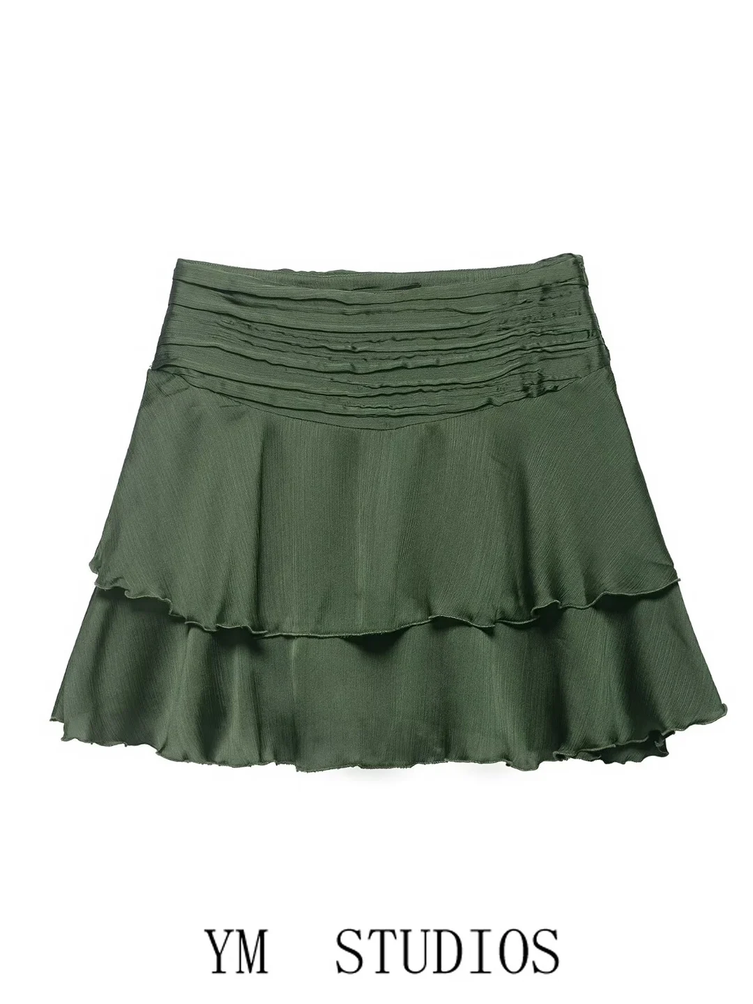 Green High Waist Gauze Skirt Women's Fashion Spring Summer Half-length Polyester Satin Folded Layered Skirt A-Line Skirt
