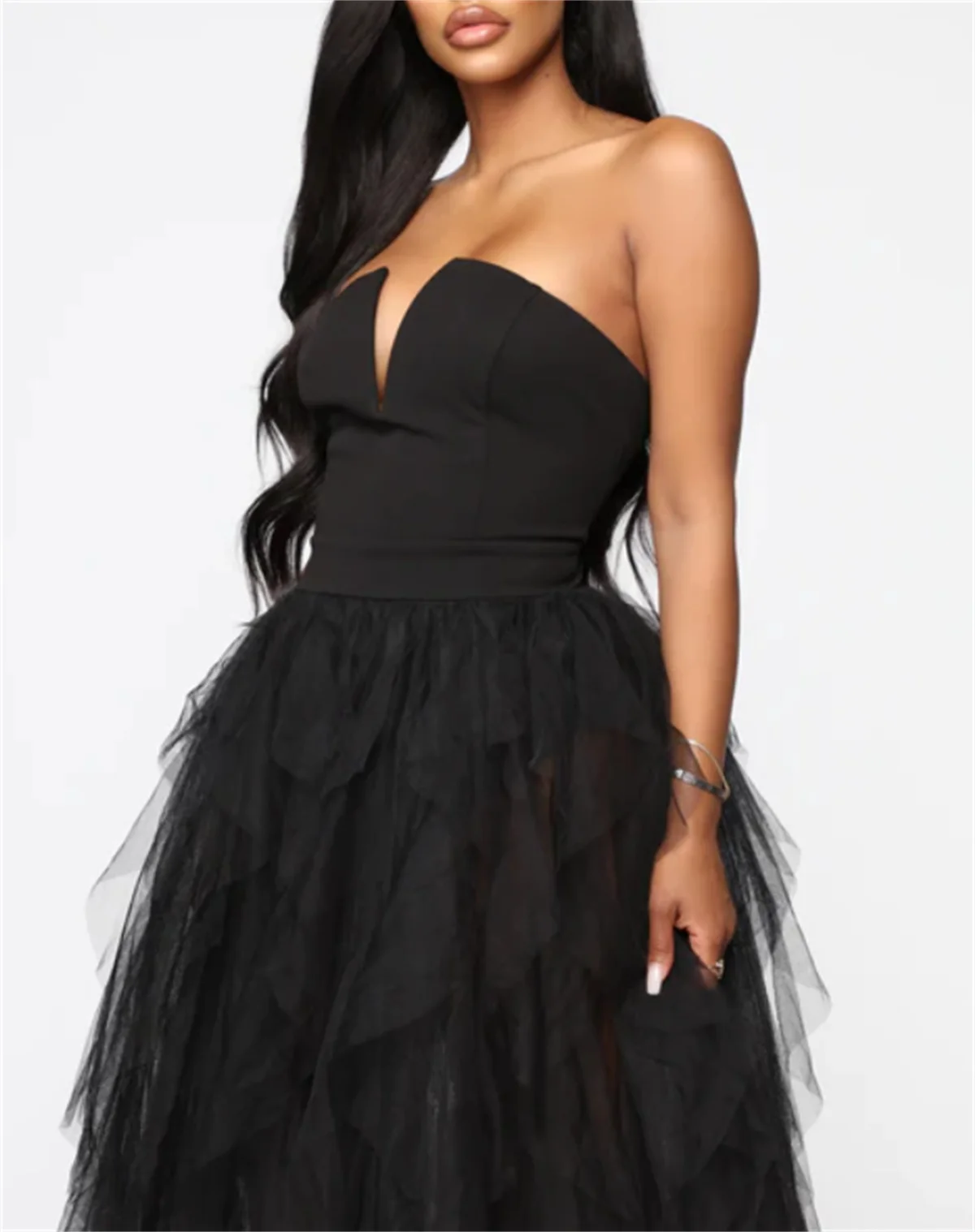 Black Cocktail Dress Sexy Bandeau Open Back Chiffon Prom Dress Cinched Waist Tulle Sheer Feel Ankle Length 2024 Custom