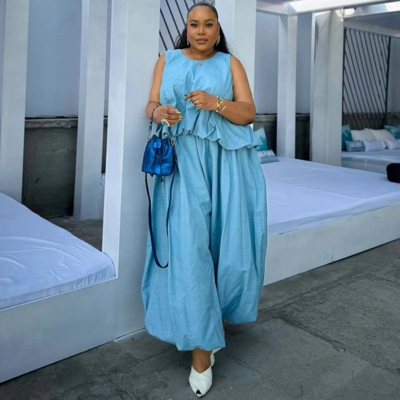 New African Fashion Women Pants Set Solid Color Sleeveless Loose Top And Pants Set