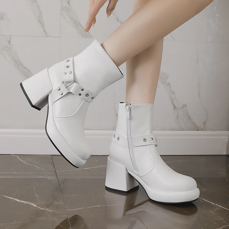 Women's Platform Ankle Boots Fashion Women's Platform Heel Black and White Ankle Boots Punk Gothic Style New 2024