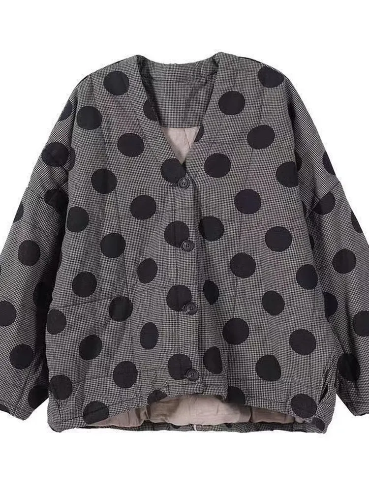 Plus Size Dames Katoen Jaet Thiened V-Ne ort Bovenkleding Retro Polka Dot Print Loose Fit Herfst Winter Faionable