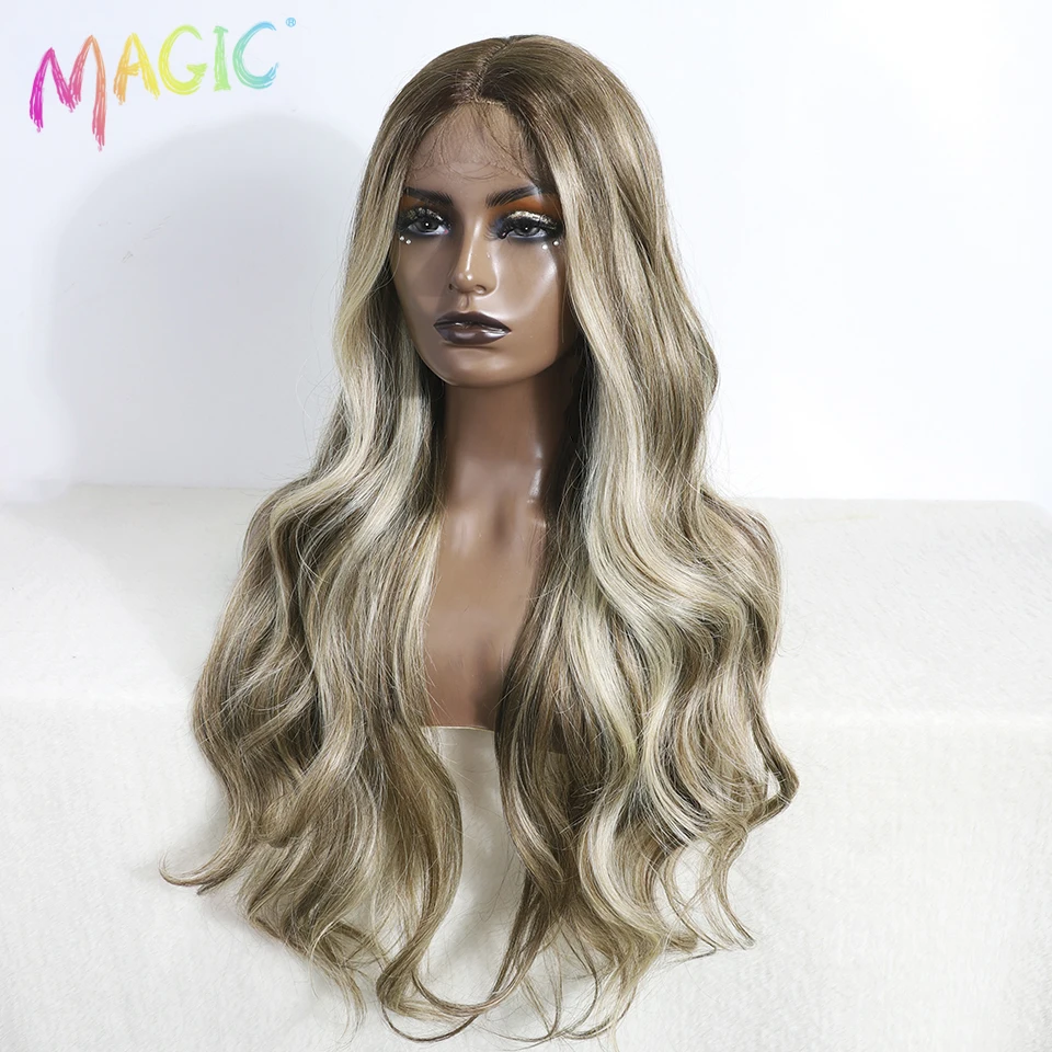 Magic Body Wavy Synthetic Lace Front Wigs For Black Women 30 inch Ombre Brown Higlight Lace Wig With Baby Hair Cosplay Wig