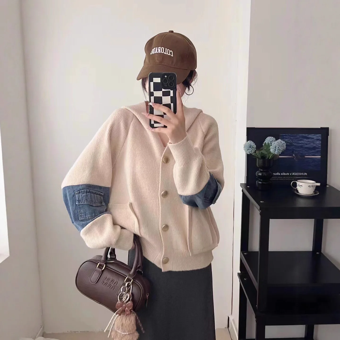 Loose Hooded Sweater Women's 2025 Denim Patchwork Versatile Lazy Style Korean Version Autumn and Winter Knitted Sweater
