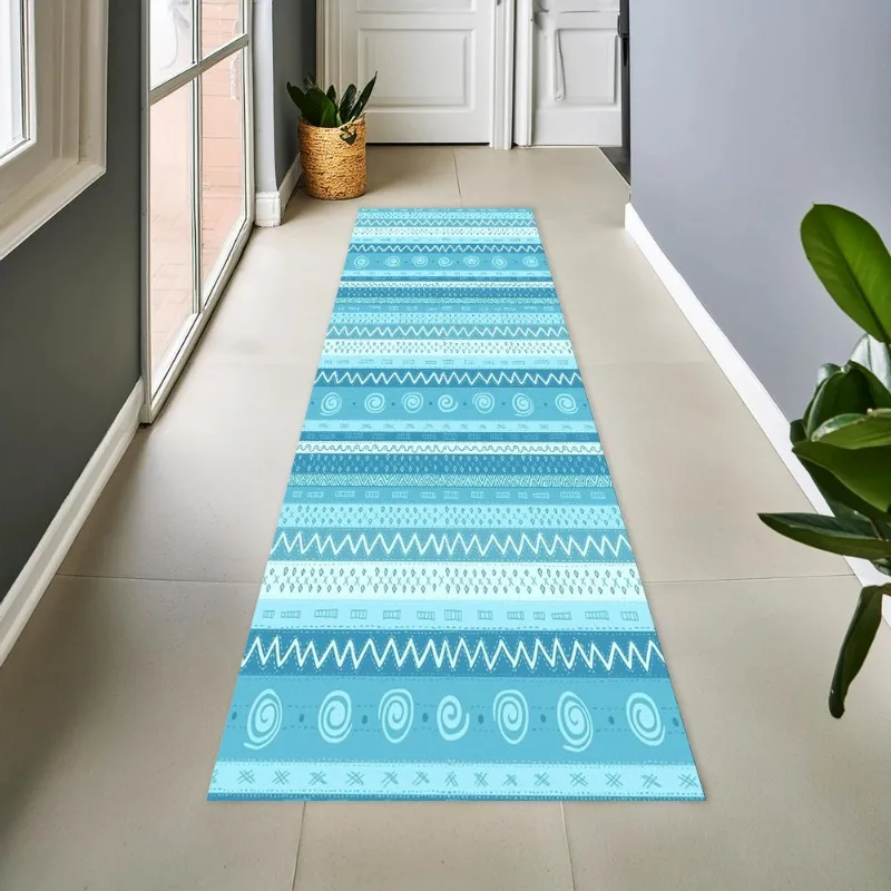 Light Cyan Striped Long Hallway Runner Rug Non Slip Flannel Floor Mat Bohemian Geometric Print For Balcony Corridor Home Decor