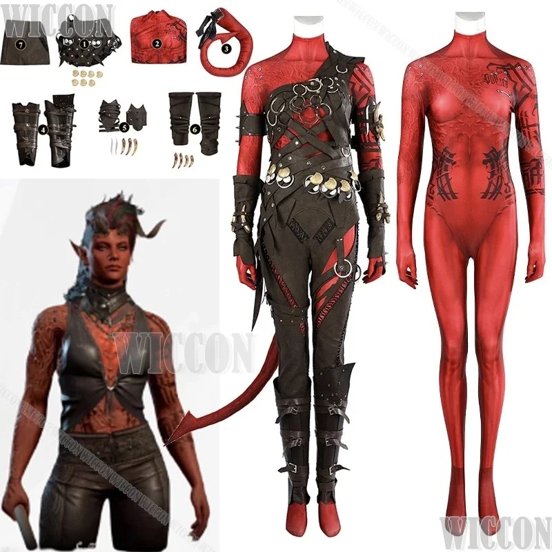 w;3.c\6;h'8/Karlach Game Baldur's Cosplay Gate 3 Costume Full Set Red Skin Jumpsuit Tail Clothes Women Holloween Part5'u.9;m\4/p